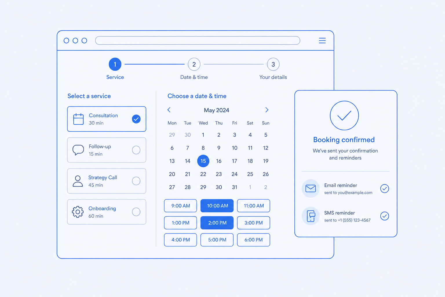 Online booking page — Customers book in their browser, on your domain.