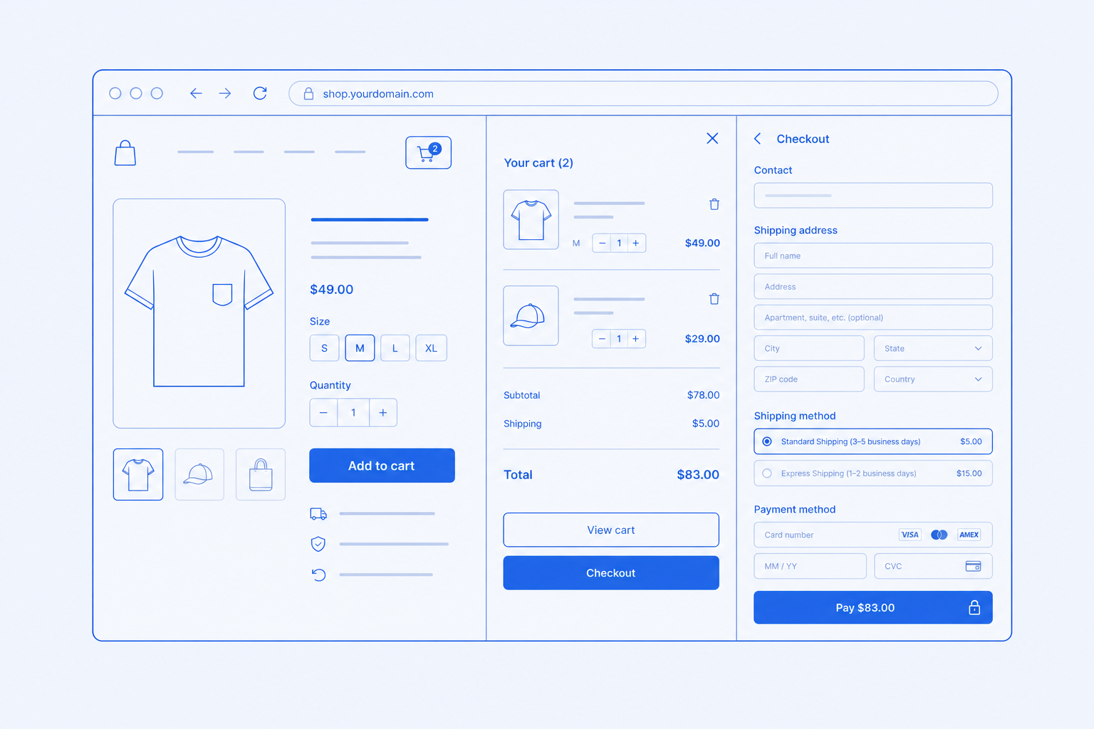 Storefront and checkout — A fast, branded online store on your domain.