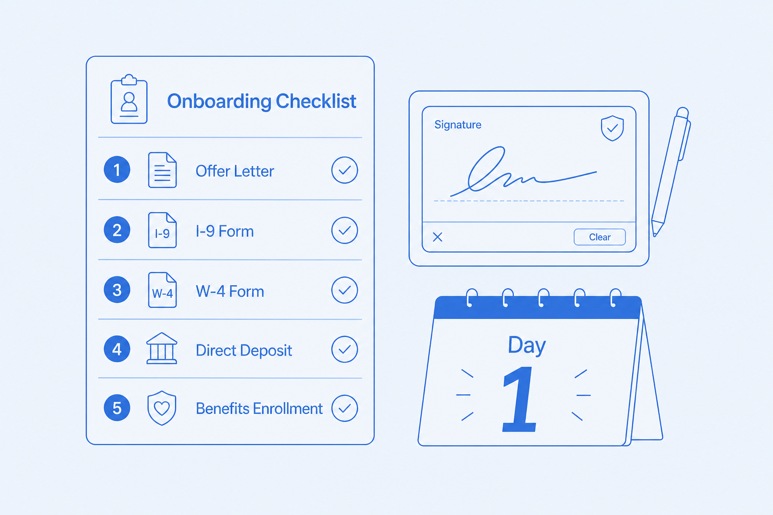 Onboarding — New hires sign documents and get paid the same week.